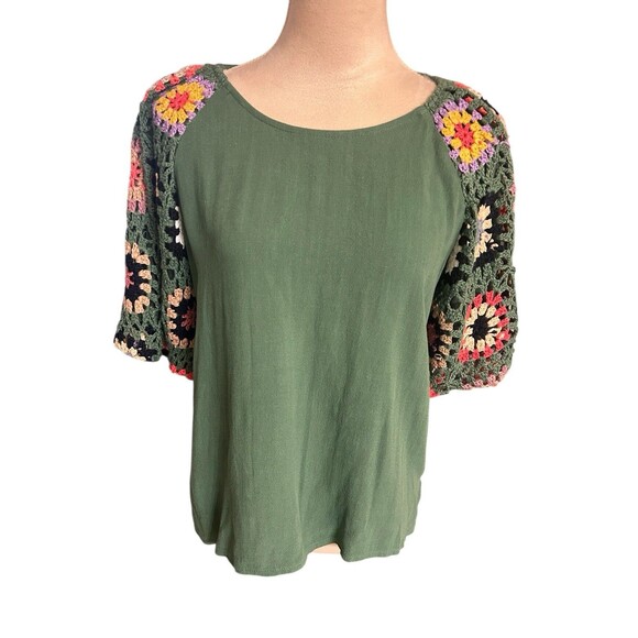 UMGEE Crocheted Green Lined Sleeves Linen Cotton Flutter Short Sleeves Top Sz S - Picture 3 of 11